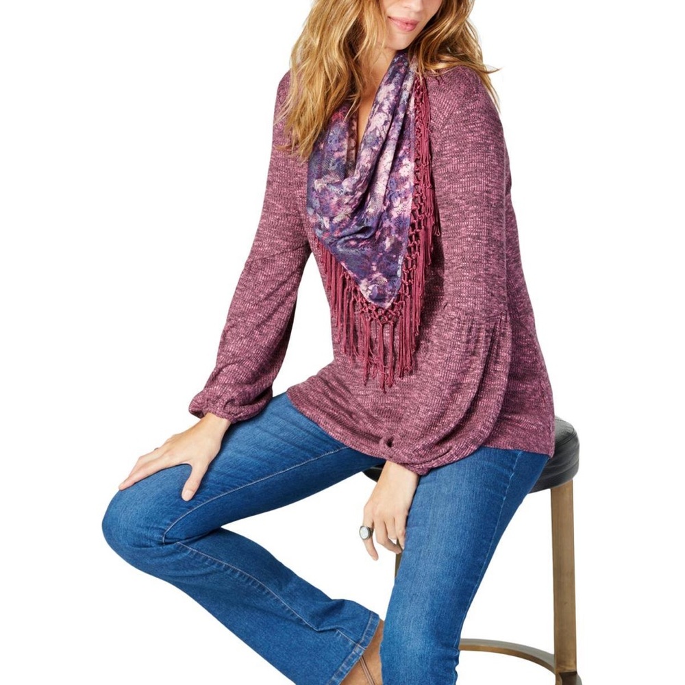 NWT Style & Co Bishop Sleeve Top with Detachable Scarf in Raspberry, Size M